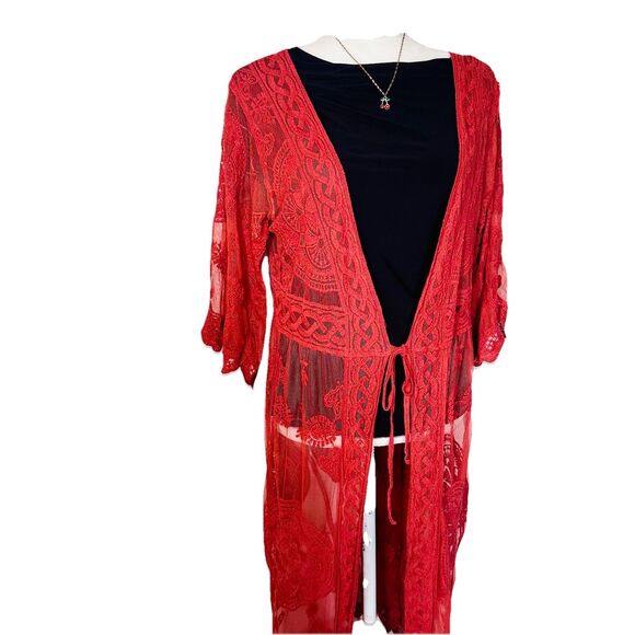 Vivid Collection Open Cardigan SZ M Red Crochet Lace Short Sleeve Top Boho Fall - Picture 3 of 15